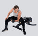 Athlete performing single-arm bicep curl on the flat bench of Powertec Workbench FID Bench WB-UB20.