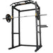 Powertec Workbench Power Rack WB-PR19 black with barbell, weight plates, and multi-grip pullup bar attachment.
