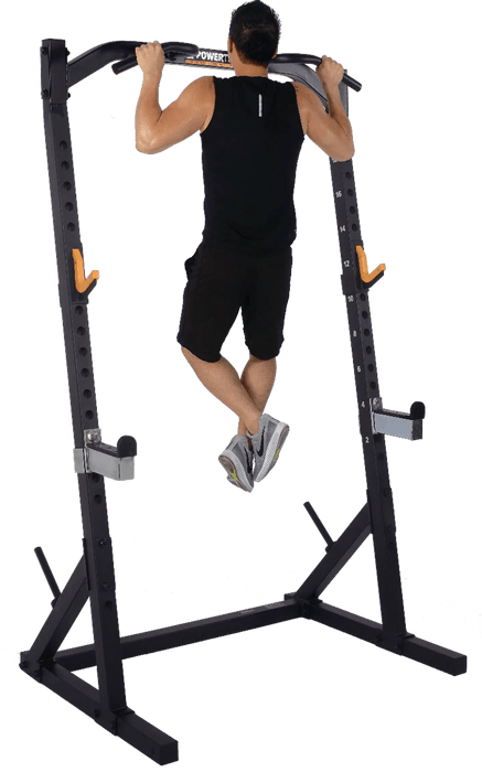 Athlete performing pull-ups on the Workbench Half Rack WB-HR-Y with black frame