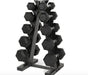 Rubber Hex Dumbbells 5-25 lb Set with A-Frame Rack, featuring rubber-coated heads for noise reduction and floor protection, and a compact A-frame dumbbell rack for efficient storage.