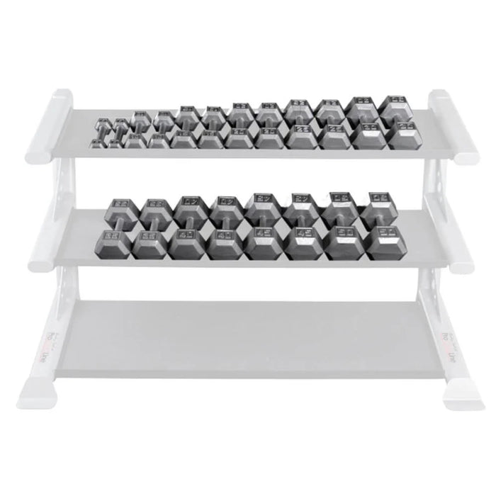 Body-Solid SDS Cast Iron Hex Dumbbell Set, 5-50 lbs, featuring durable cast iron heads, knurled steel handles, and a hexagonal shape for safe and effective strength training. on dumbbell rack 