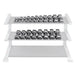 Body-Solid SDS Cast Iron Hex Dumbbell Set, 5-50 lbs, featuring durable cast iron heads, knurled steel handles, and a hexagonal shape for safe and effective strength training. on dumbbell rack 