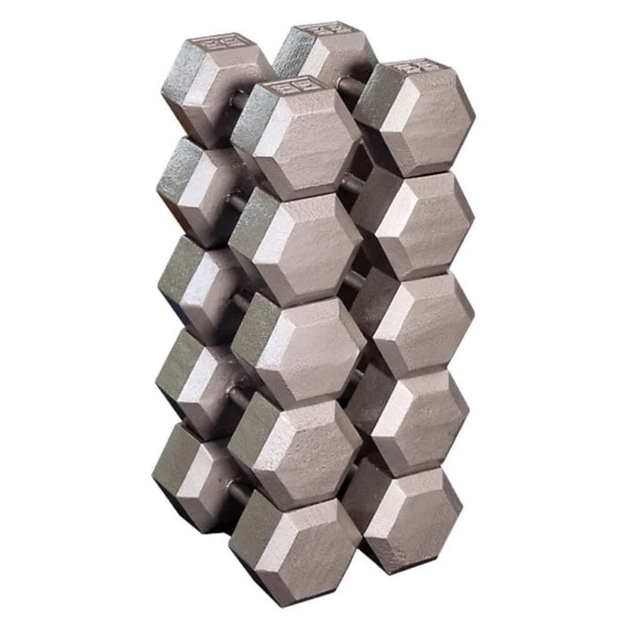 Body-Solid SDS Cast Iron Hex Dumbbell Set, 55-75 lbs, featuring durable cast iron heads, knurled steel handles, and a hexagonal shape for safe and effective strength training.