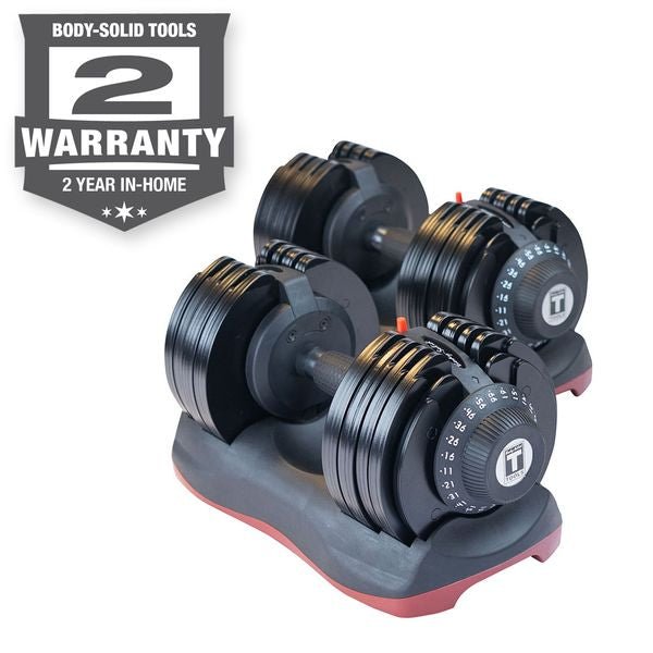 Side view of Body-Solid Tools SDBX132 Adjustable Dumbbells, showcasing its compact design and adjustable weight settings.