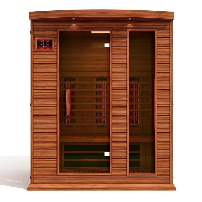 Maxxus 3-person infrared sauna front view with cedar wood and glass door
