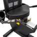 Close-up view of the Spirit Fitness XBR95 Recumbent Bike's adjustable high-density foam seat and ergonomic handlebars with integrated pulse sensors.