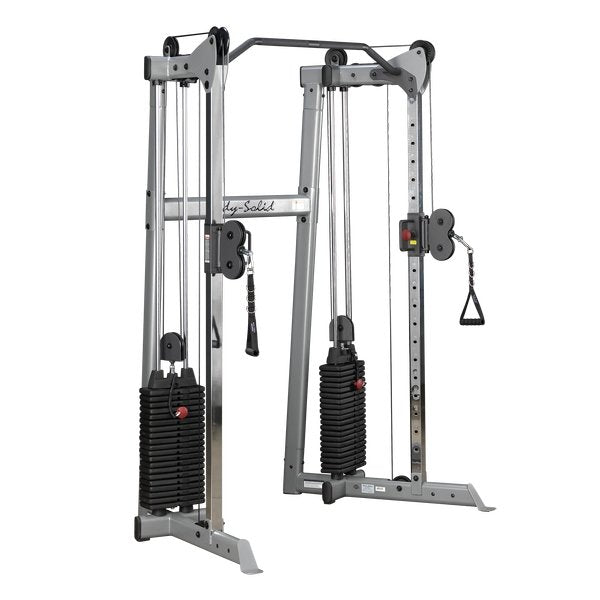Body-Solid GDCC210 Compact Functional Trainer Cable Machine with dual weight stacks, ergonomic design, and space-saving footprint, shown on a white background.