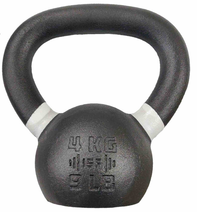 4kg ISF Kettlebell front side white color stripe and showing weight in lbs and kgs on white background