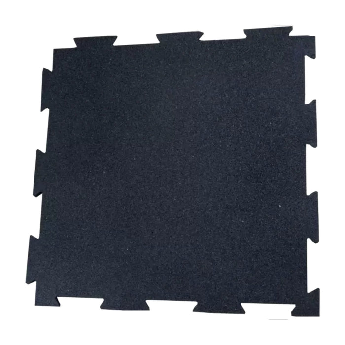 Close-up of interlocking black puzzle mats made of heavy-duty rubber, showcasing the puzzle-style edges for easy installation, designed to protect floors and equipment in any workout space.